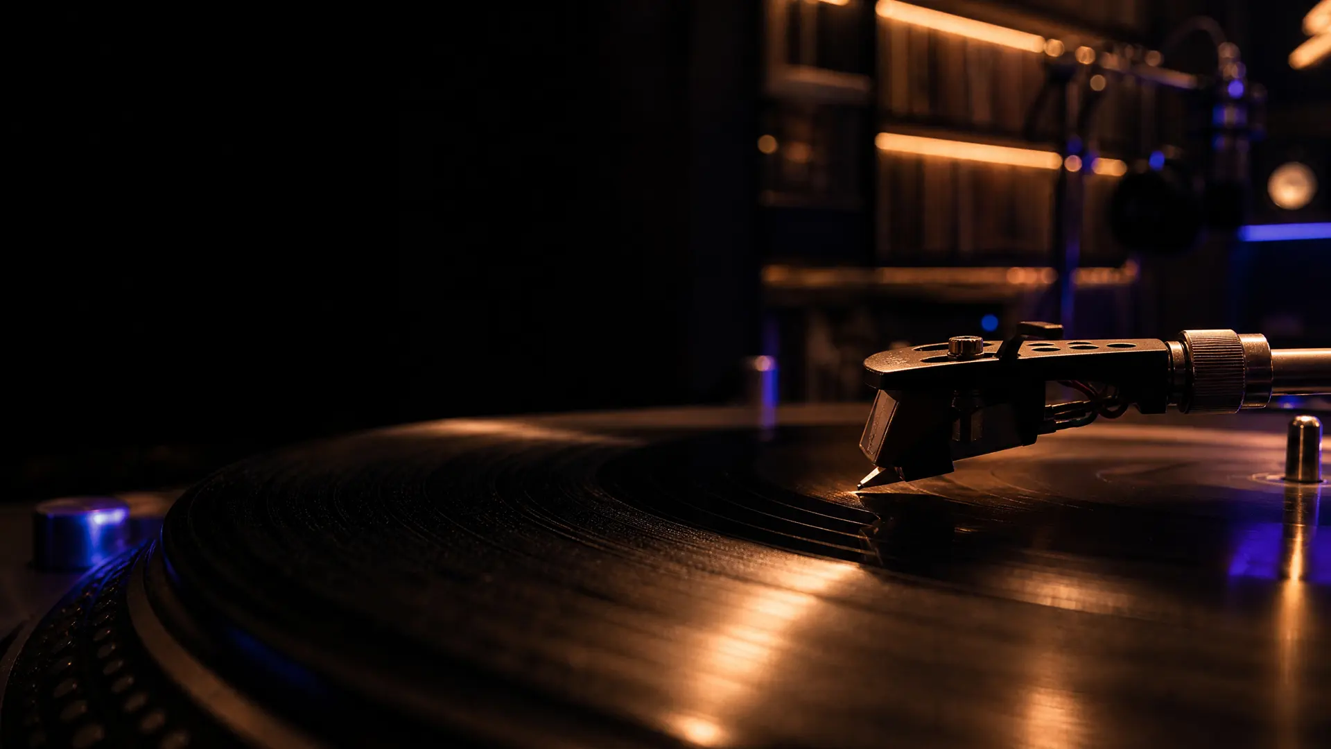 Turntable needle moving across a record inside a warmly lit archive